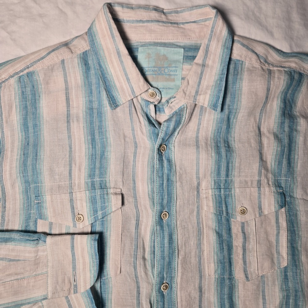 Ocean & Coast Shirt‎ Stripe Linen Lightweight Long Sleeve Shirt Large Beach